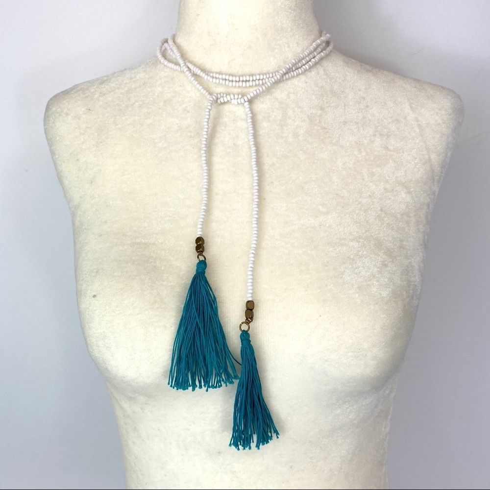 White seed bead with aqua tassel wrap necklace